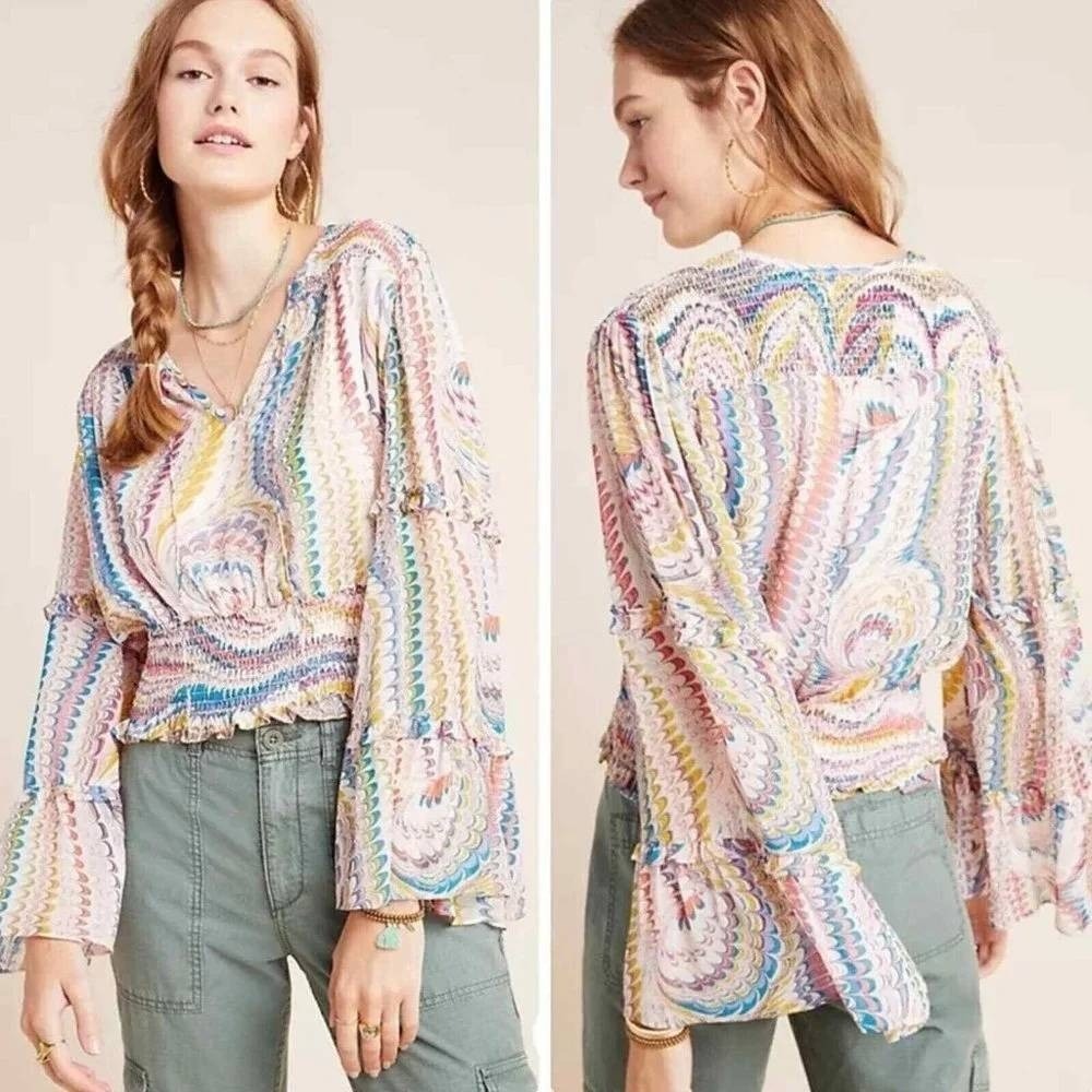 Maeve Anthropologie Smocked Waist Blouse Womens Medium Multi Boho Ruffle Sleeve